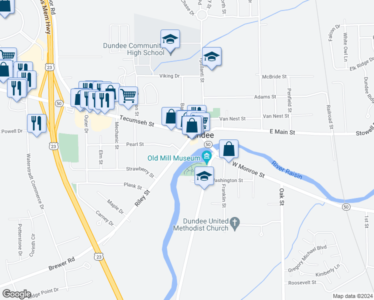 map of restaurants, bars, coffee shops, grocery stores, and more near 604 Pearl Street in Dundee