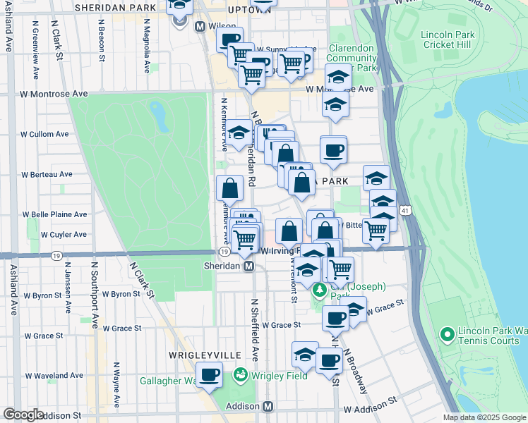 map of restaurants, bars, coffee shops, grocery stores, and more near 947 West Belle Plaine Avenue in Chicago