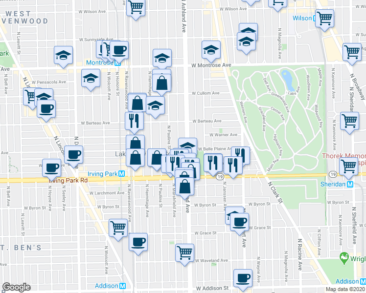 map of restaurants, bars, coffee shops, grocery stores, and more near 4109 North Ashland Avenue in Chicago