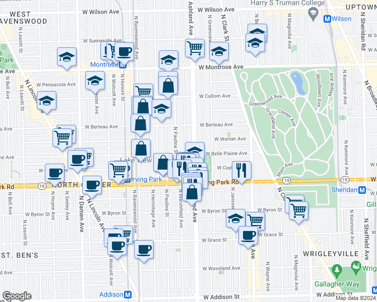 map of restaurants, bars, coffee shops, grocery stores, and more near 4109 North Ashland Avenue in Chicago