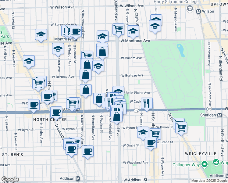 map of restaurants, bars, coffee shops, grocery stores, and more near 4109 North Ashland Avenue in Chicago