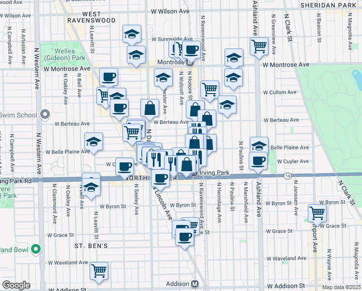 map of restaurants, bars, coffee shops, grocery stores, and more near 4110 North Wolcott Avenue in Chicago
