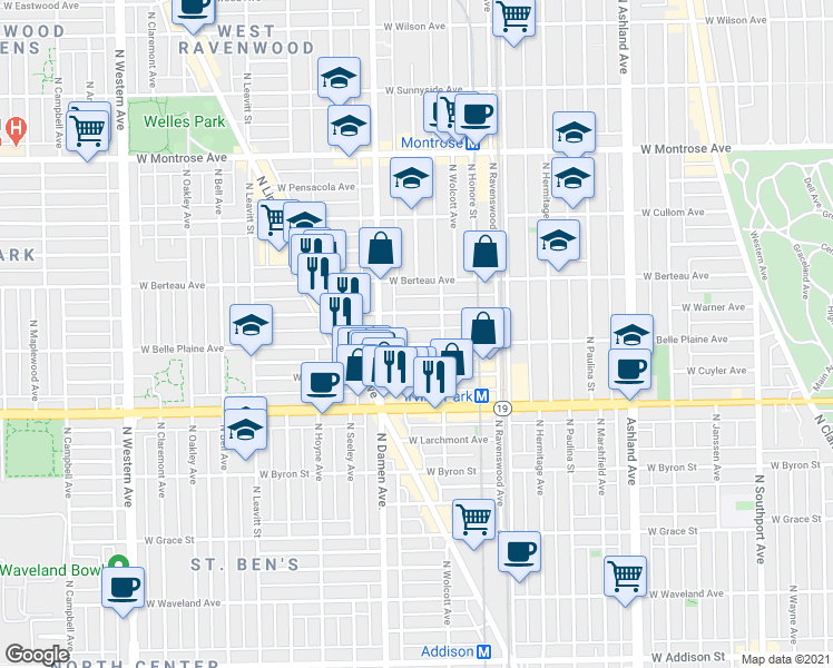 map of restaurants, bars, coffee shops, grocery stores, and more near 1941 West Warner Avenue in Chicago