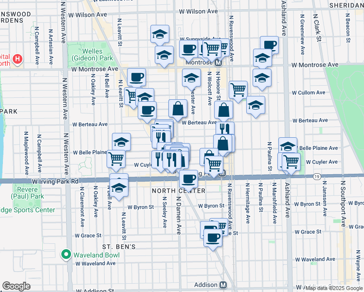 map of restaurants, bars, coffee shops, grocery stores, and more near 1941 West Warner Avenue in Chicago