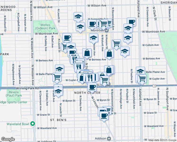 map of restaurants, bars, coffee shops, grocery stores, and more near 1941 West Warner Avenue in Chicago