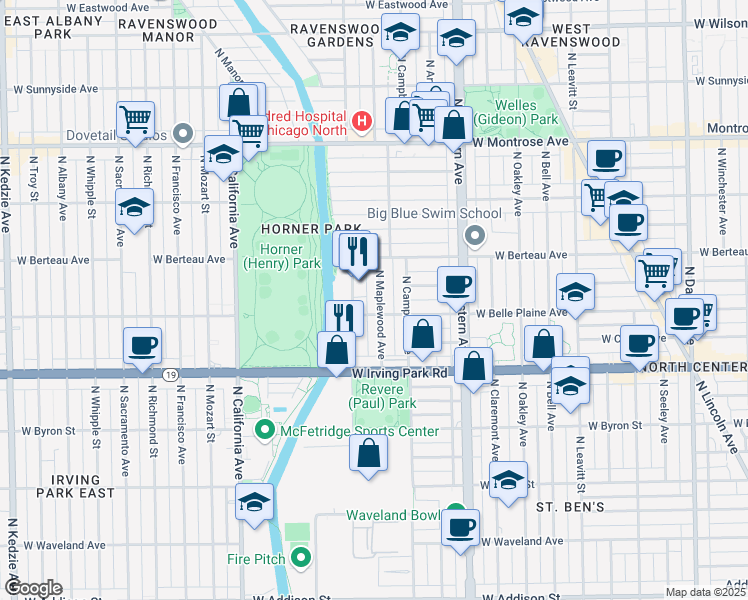 map of restaurants, bars, coffee shops, grocery stores, and more near 4085 North Rockwell Street in Chicago