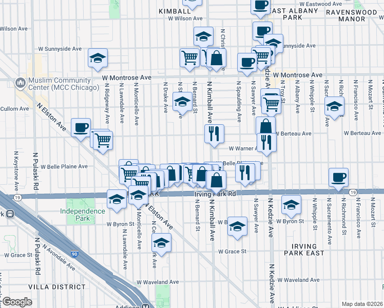 map of restaurants, bars, coffee shops, grocery stores, and more near 4125 North Bernard Street in Chicago