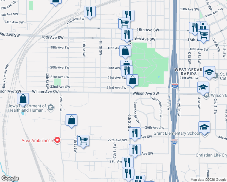 map of restaurants, bars, coffee shops, grocery stores, and more near 817 22nd Ave SW in Cedar Rapids