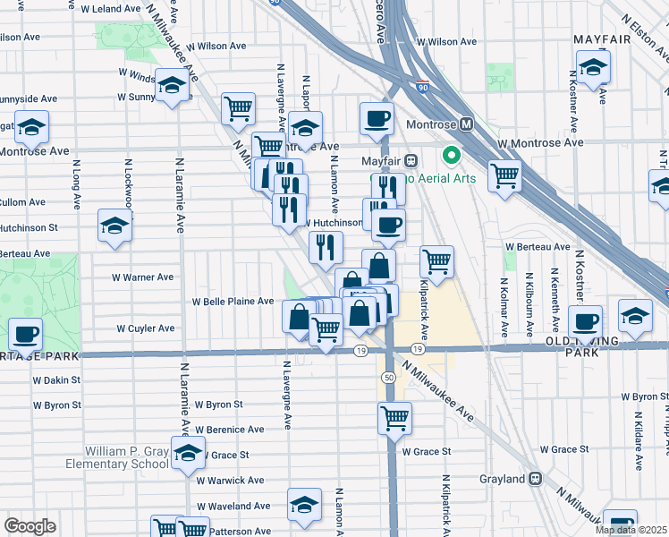 map of restaurants, bars, coffee shops, grocery stores, and more near 4862 West Warner Avenue in Chicago