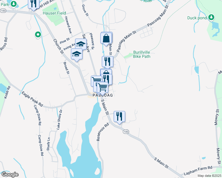 map of restaurants, bars, coffee shops, grocery stores, and more near 28 Park Place in Burrillville