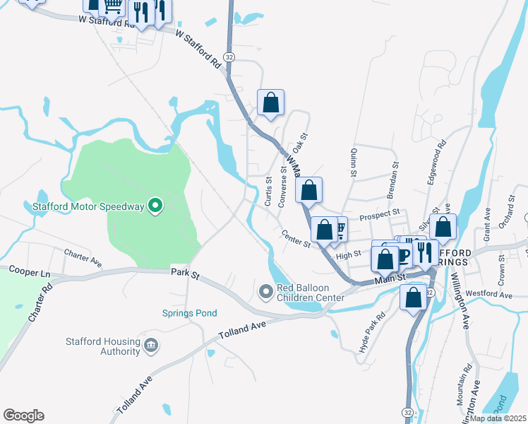 map of restaurants, bars, coffee shops, grocery stores, and more near 46 Center Street in Stafford