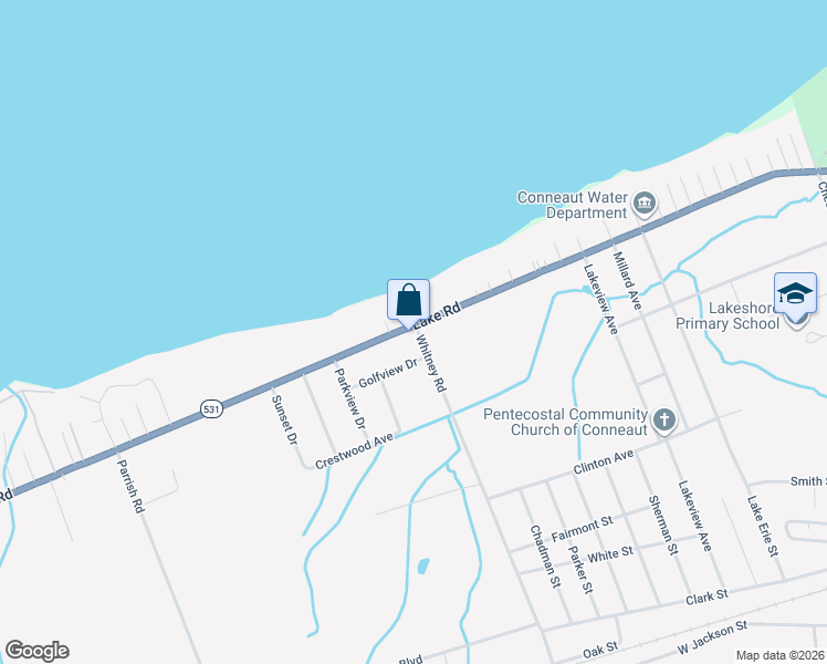 map of restaurants, bars, coffee shops, grocery stores, and more near 1019 Lake Road in Conneaut