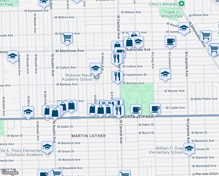 map of restaurants, bars, coffee shops, grocery stores, and more near 4144 North Parkside Avenue in Chicago