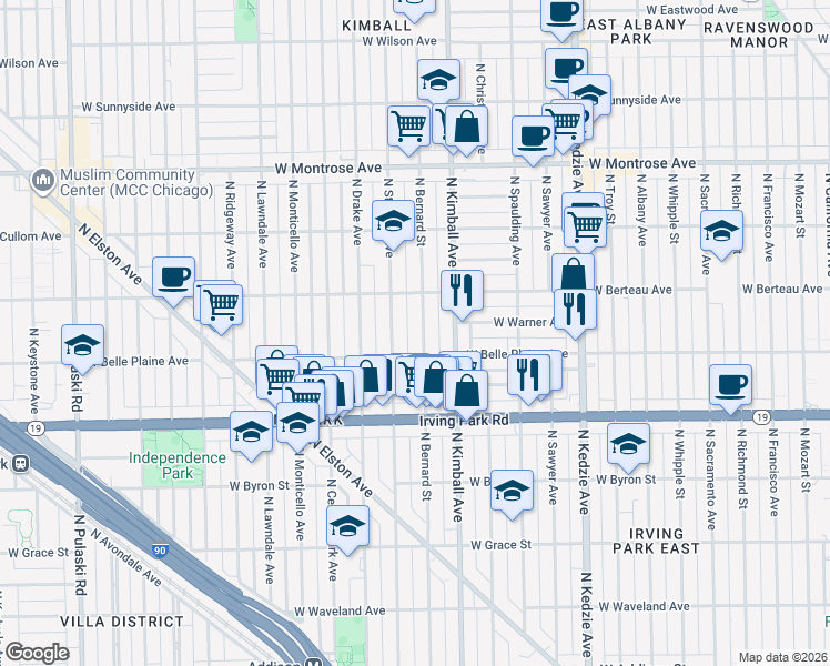 map of restaurants, bars, coffee shops, grocery stores, and more near 4125 North Bernard Street in Chicago