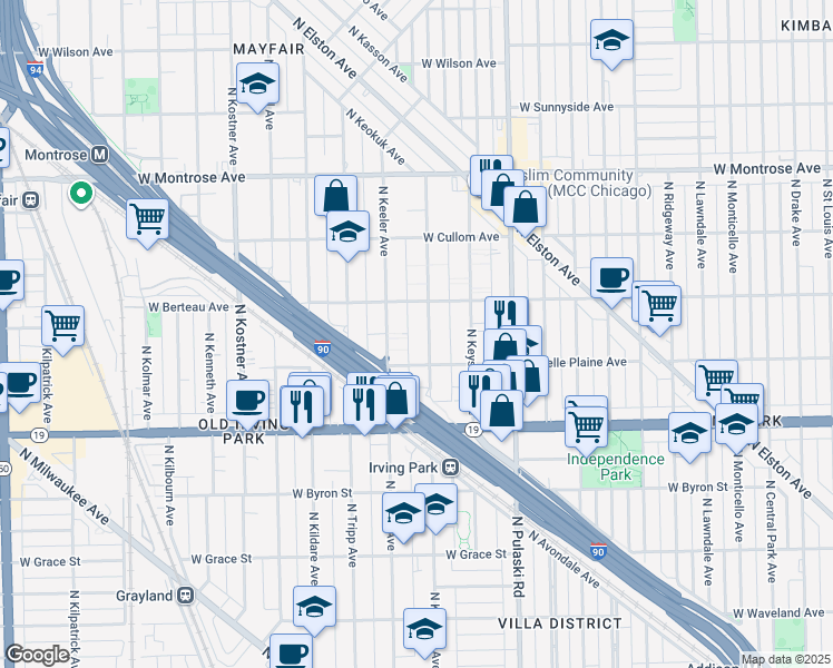 map of restaurants, bars, coffee shops, grocery stores, and more near 4128 North Kedvale Avenue in Chicago