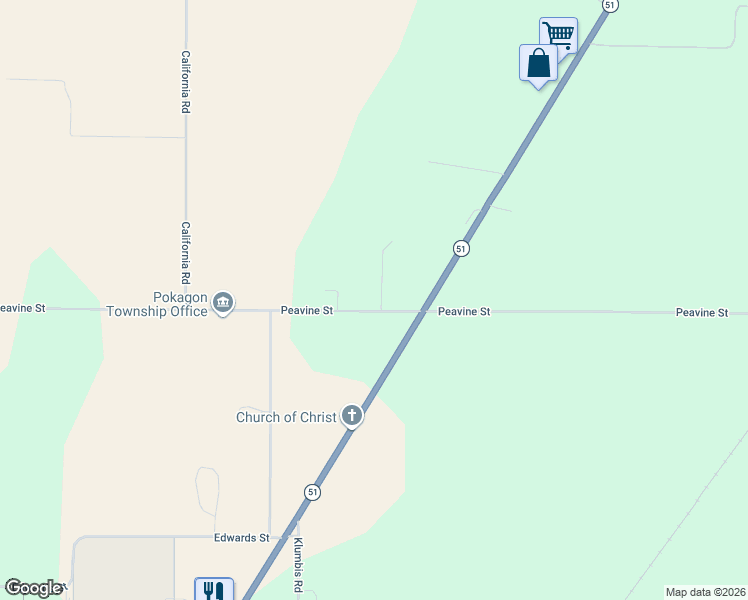 map of restaurants, bars, coffee shops, grocery stores, and more near 30396 Peavine Street in Dowagiac