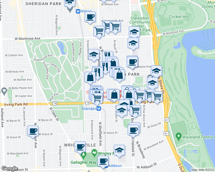 map of restaurants, bars, coffee shops, grocery stores, and more near 947 West Belle Plaine Avenue in Chicago