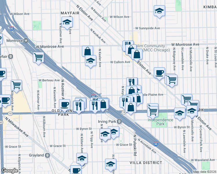 map of restaurants, bars, coffee shops, grocery stores, and more near 4131 North Keeler Avenue in Chicago