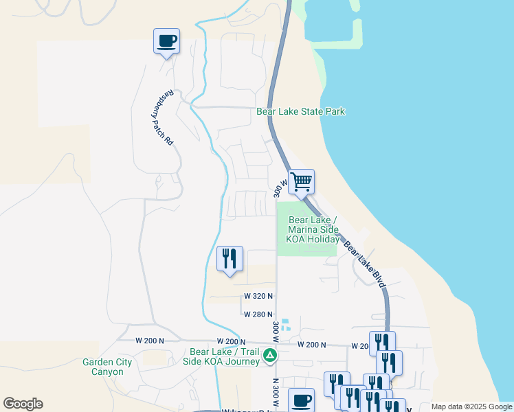 map of restaurants, bars, coffee shops, grocery stores, and more near 552 Blue Lake St in Garden City