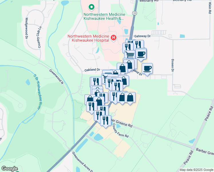map of restaurants, bars, coffee shops, grocery stores, and more near 2583 Sycamore Road in DeKalb