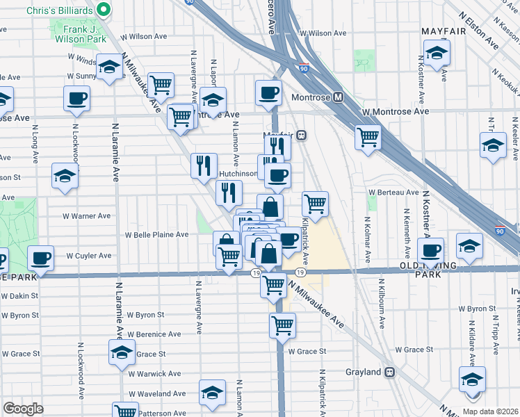map of restaurants, bars, coffee shops, grocery stores, and more near 4822 West Warner Avenue in Chicago