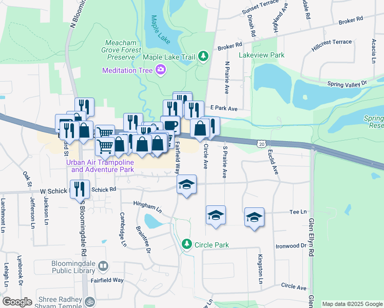 map of restaurants, bars, coffee shops, grocery stores, and more near 109 Fairfield Way in Bloomingdale