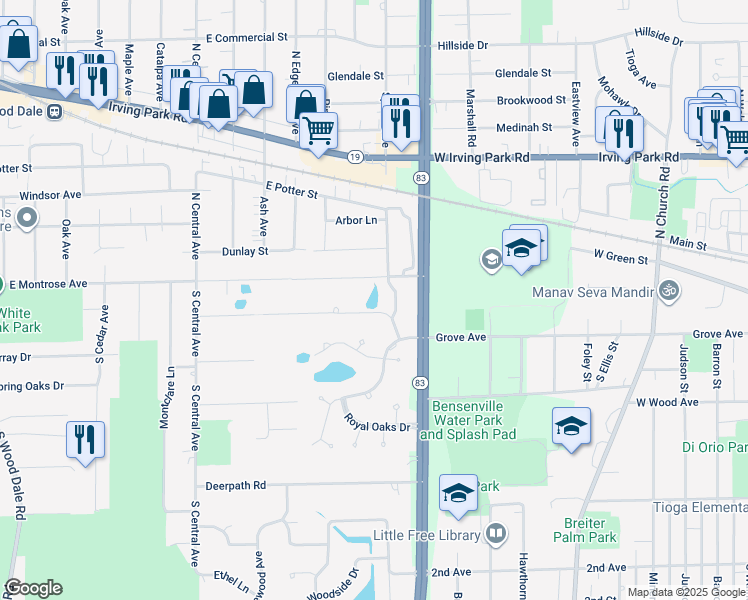 map of restaurants, bars, coffee shops, grocery stores, and more near 450 East Montrose Avenue in Wood Dale
