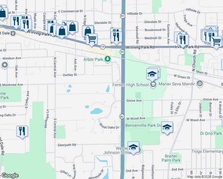 map of restaurants, bars, coffee shops, grocery stores, and more near 120 South Spruce Avenue in Wood Dale