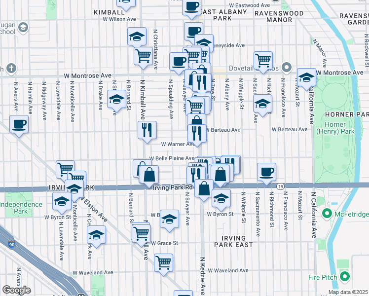 map of restaurants, bars, coffee shops, grocery stores, and more near 3235 West Warner Avenue in Chicago