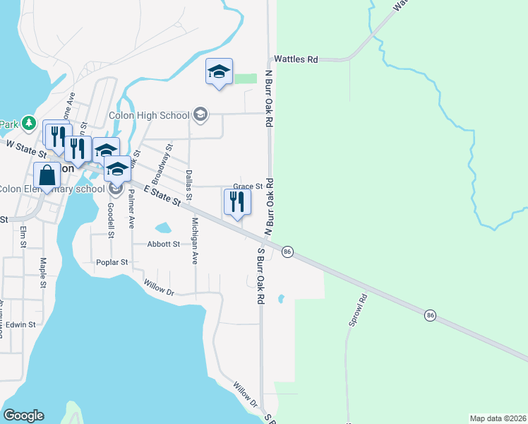 map of restaurants, bars, coffee shops, grocery stores, and more near 511 North Burr Oak Road in Colon