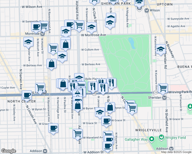 map of restaurants, bars, coffee shops, grocery stores, and more near 1448 West Belle Plaine Avenue in Chicago