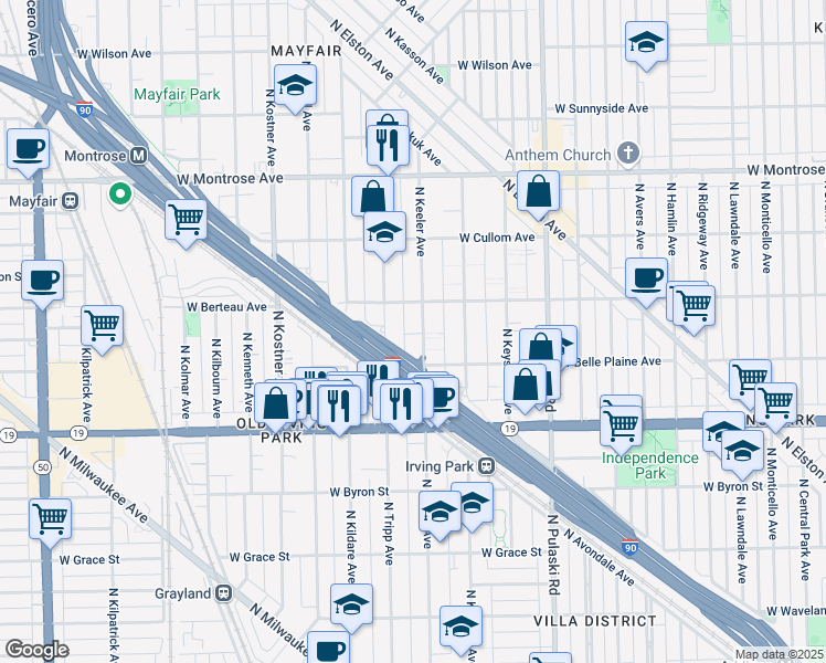 map of restaurants, bars, coffee shops, grocery stores, and more near 4132 North Keeler Avenue in Chicago