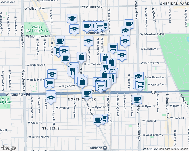 map of restaurants, bars, coffee shops, grocery stores, and more near 4110 North Wolcott Avenue in Chicago