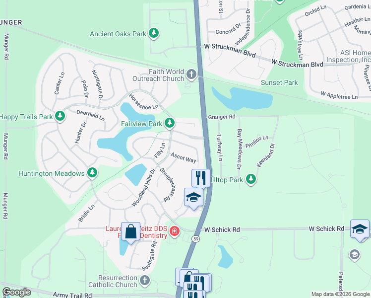 map of restaurants, bars, coffee shops, grocery stores, and more near 1127 Fieldstone Lane in Bartlett