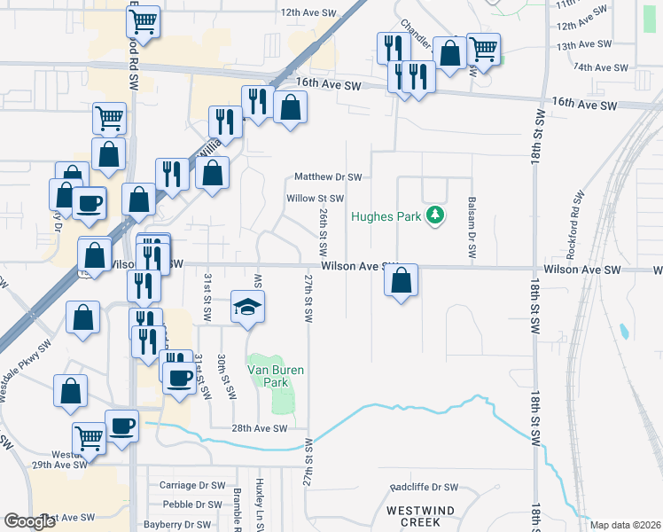 map of restaurants, bars, coffee shops, grocery stores, and more near Wilson Avenue Southwest in Cedar Rapids