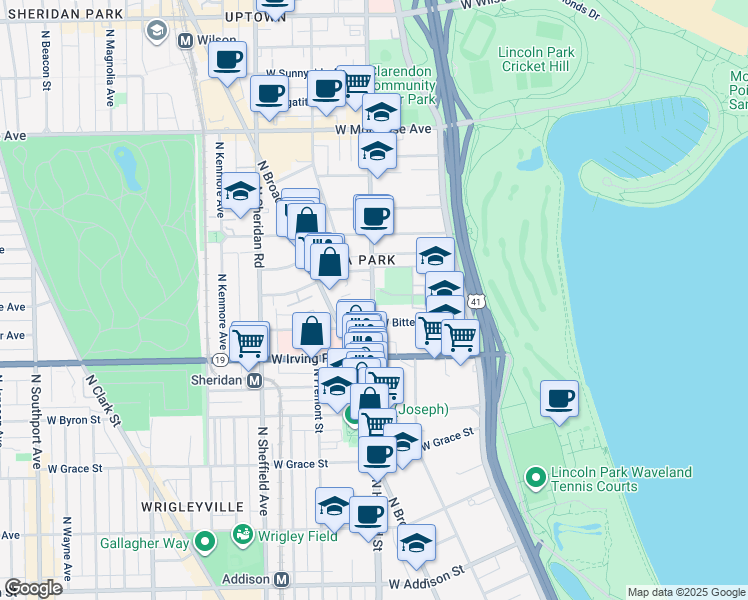 map of restaurants, bars, coffee shops, grocery stores, and more near 4115 North Clarendon Avenue in Chicago