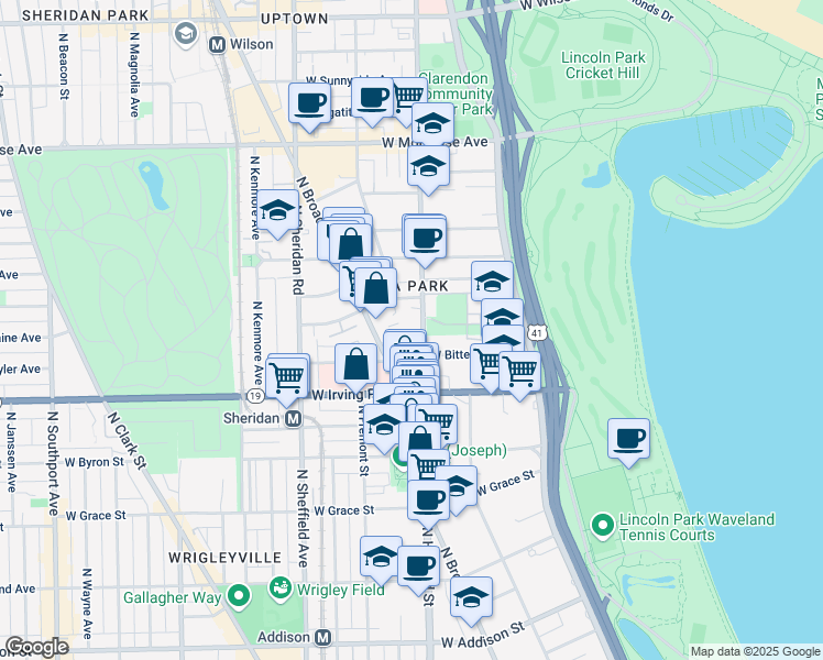 map of restaurants, bars, coffee shops, grocery stores, and more near 4115 North Clarendon Avenue in Chicago