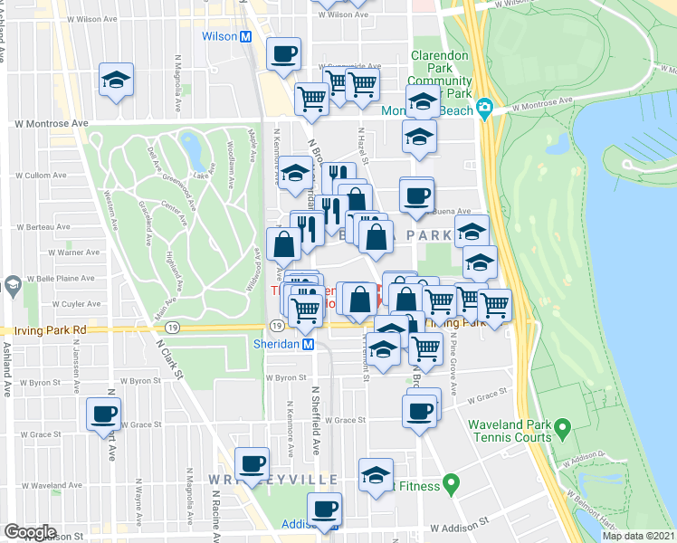 map of restaurants, bars, coffee shops, grocery stores, and more near 947 West Belle Plaine Avenue in Chicago