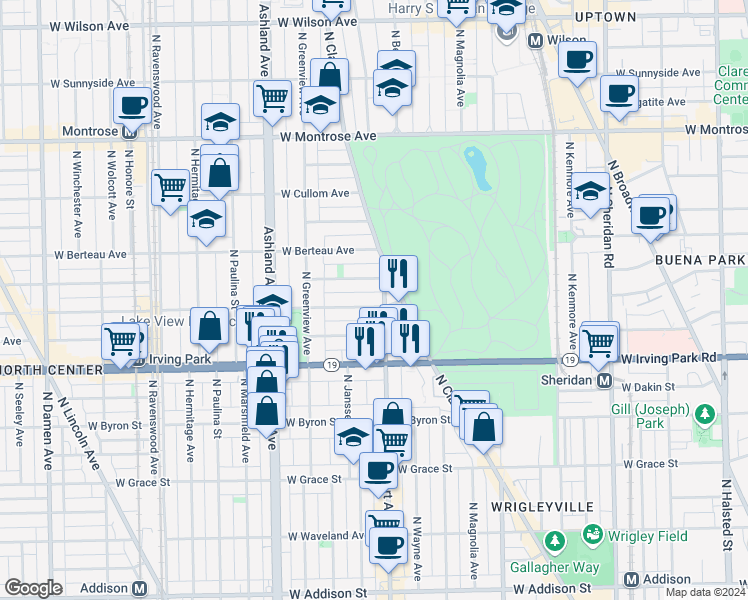 map of restaurants, bars, coffee shops, grocery stores, and more near 4108 North Southport Avenue in Chicago