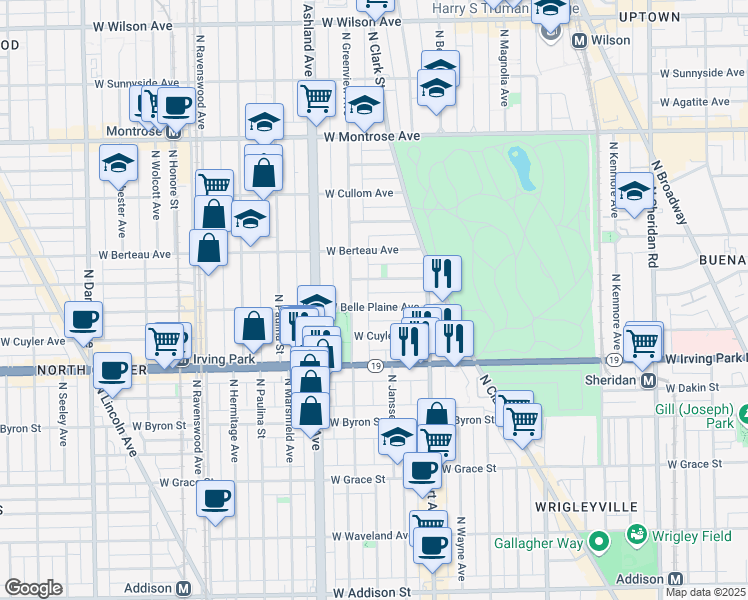 map of restaurants, bars, coffee shops, grocery stores, and more near 1442 West Belle Plaine Avenue in Chicago
