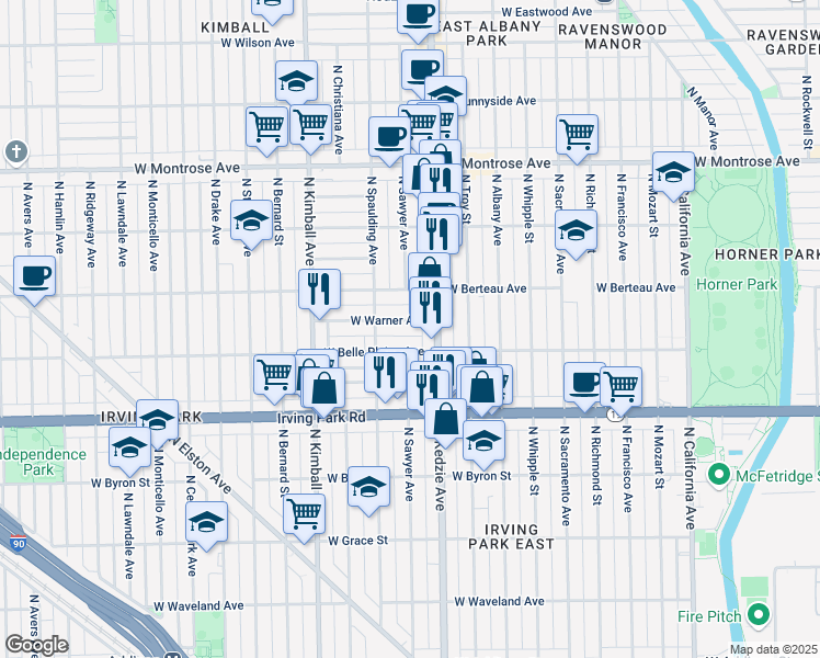 map of restaurants, bars, coffee shops, grocery stores, and more near 3235 West Warner Avenue in Chicago