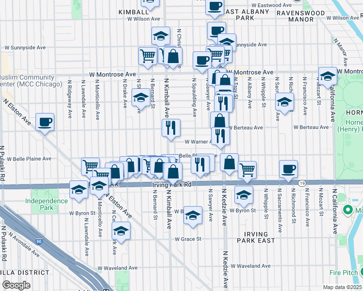 map of restaurants, bars, coffee shops, grocery stores, and more near 4125 North Kimball Avenue in Chicago