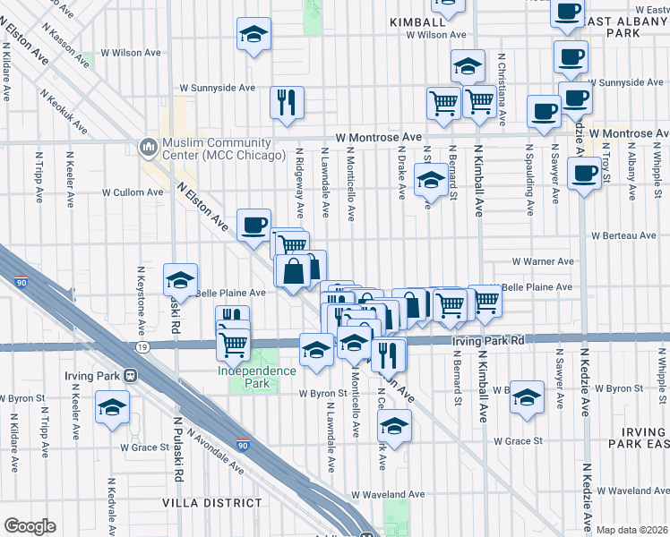 map of restaurants, bars, coffee shops, grocery stores, and more near 4129 North Lawndale Avenue in Chicago