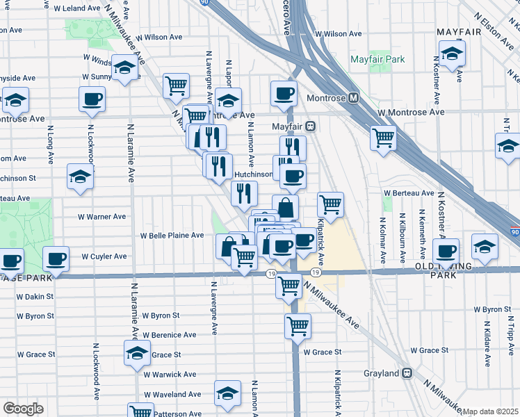 map of restaurants, bars, coffee shops, grocery stores, and more near 4862 West Warner Avenue in Chicago