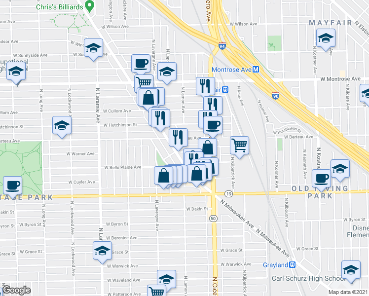 map of restaurants, bars, coffee shops, grocery stores, and more near 4862 West Warner Avenue in Chicago