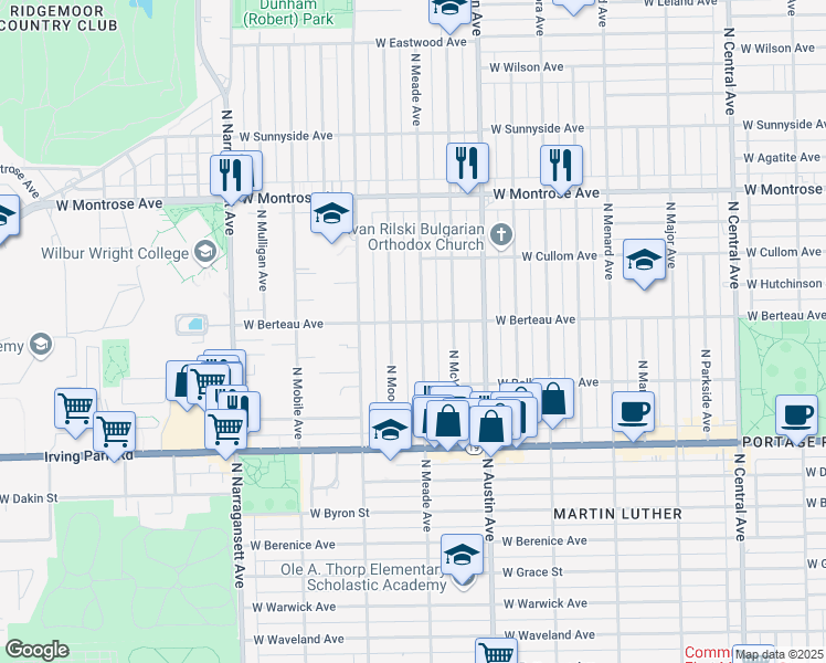 map of restaurants, bars, coffee shops, grocery stores, and more near 4159 North Moody Avenue in Chicago