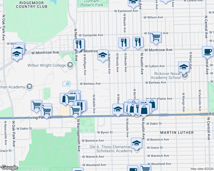 map of restaurants, bars, coffee shops, grocery stores, and more near 4159 North Melvina Avenue in Chicago