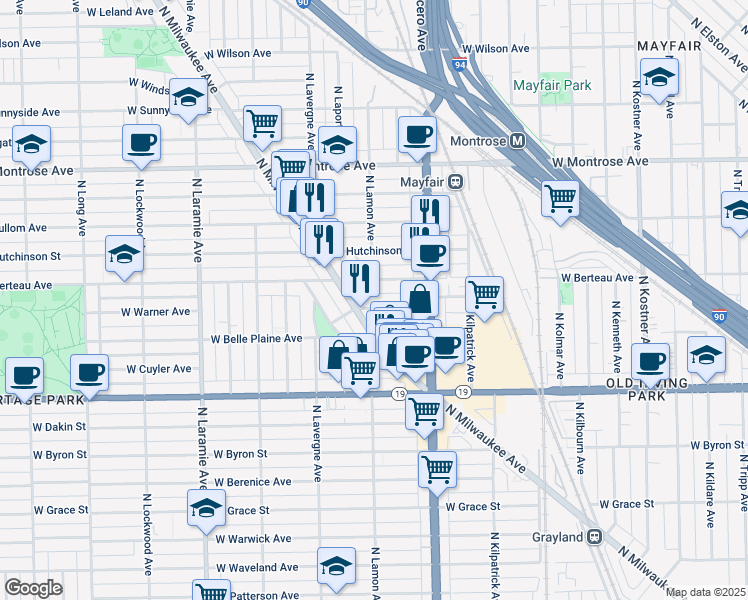 map of restaurants, bars, coffee shops, grocery stores, and more near 4862 West Warner Avenue in Chicago