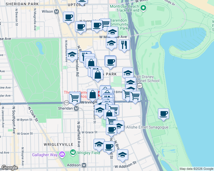 map of restaurants, bars, coffee shops, grocery stores, and more near 4128 North Clarendon Avenue in Chicago