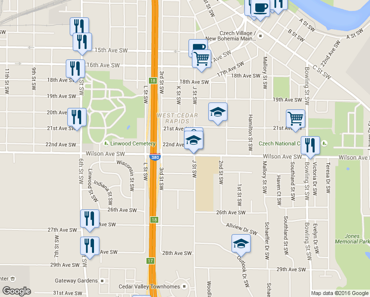 map of restaurants, bars, coffee shops, grocery stores, and more near 259 22nd Avenue Southwest in Cedar Rapids